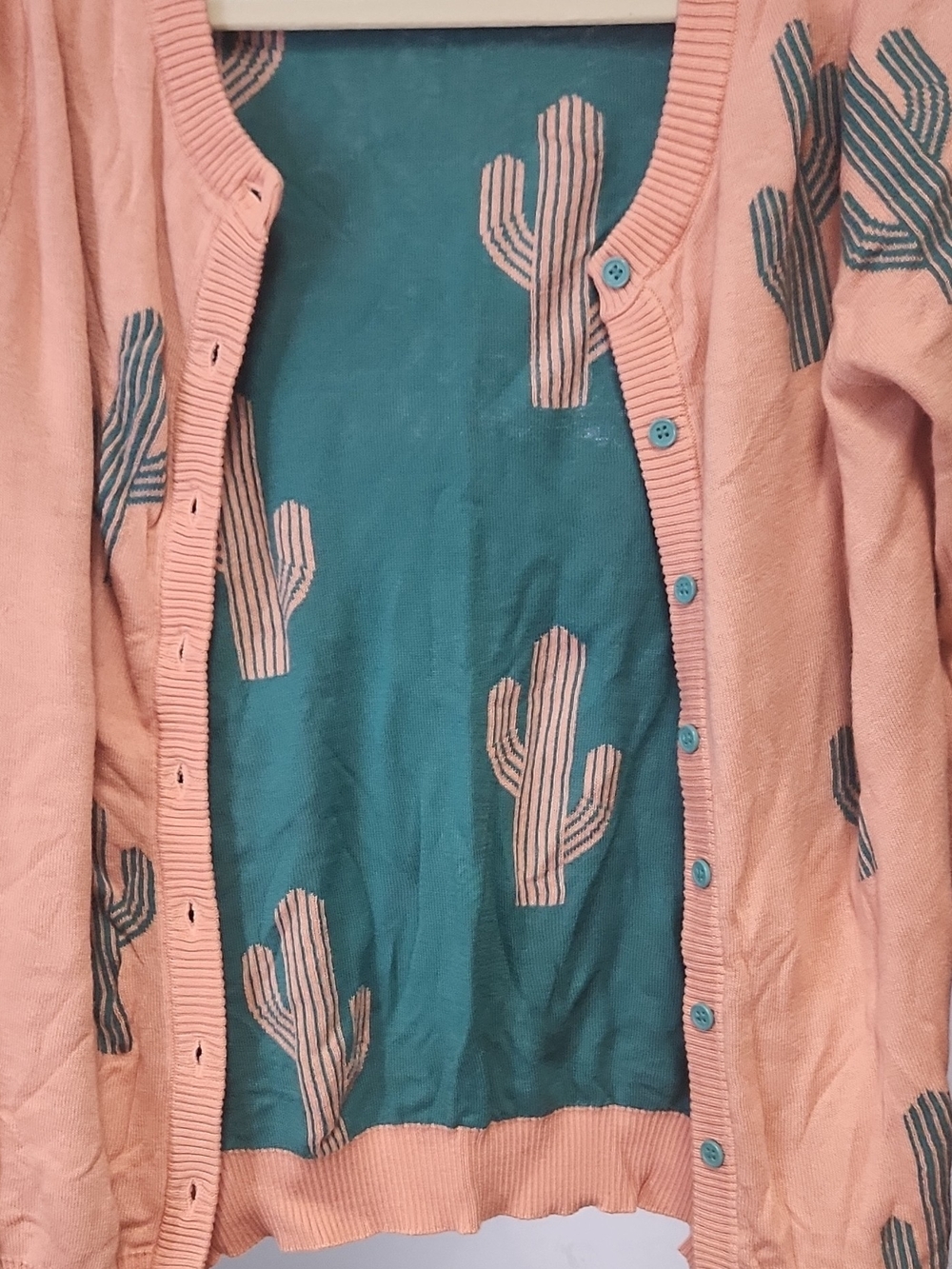 Modcloth Pink Cardigan with Teal Cactus Details